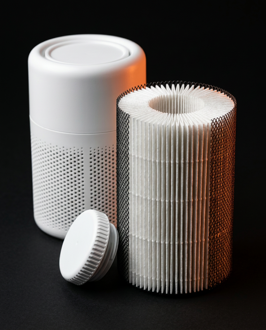 Pleated HEPA filter cartridge removed from the desktop air purifier