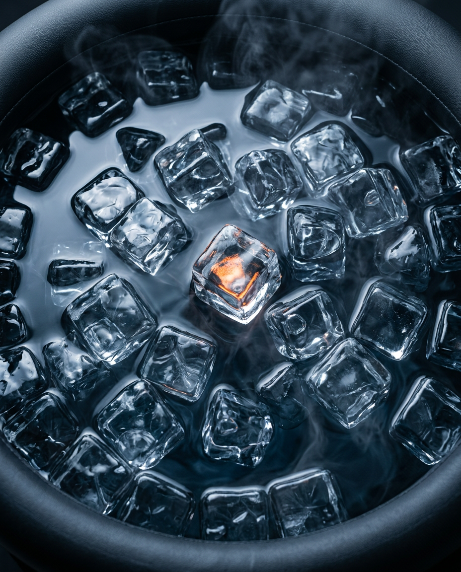 Top-down macro of ice cubes floating in the dark ice bath water