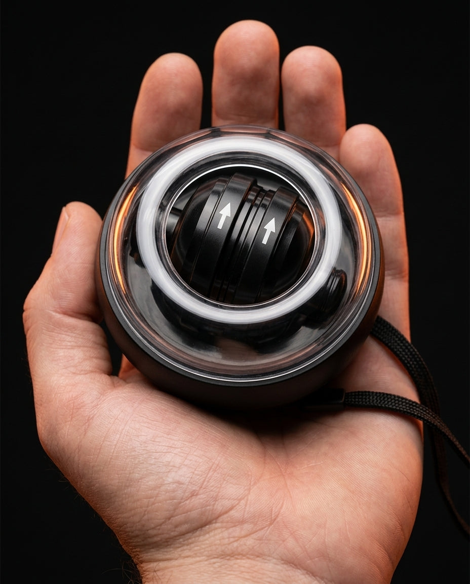 Open palm holding the gyro ball trainer with its LED ring lit, showing size