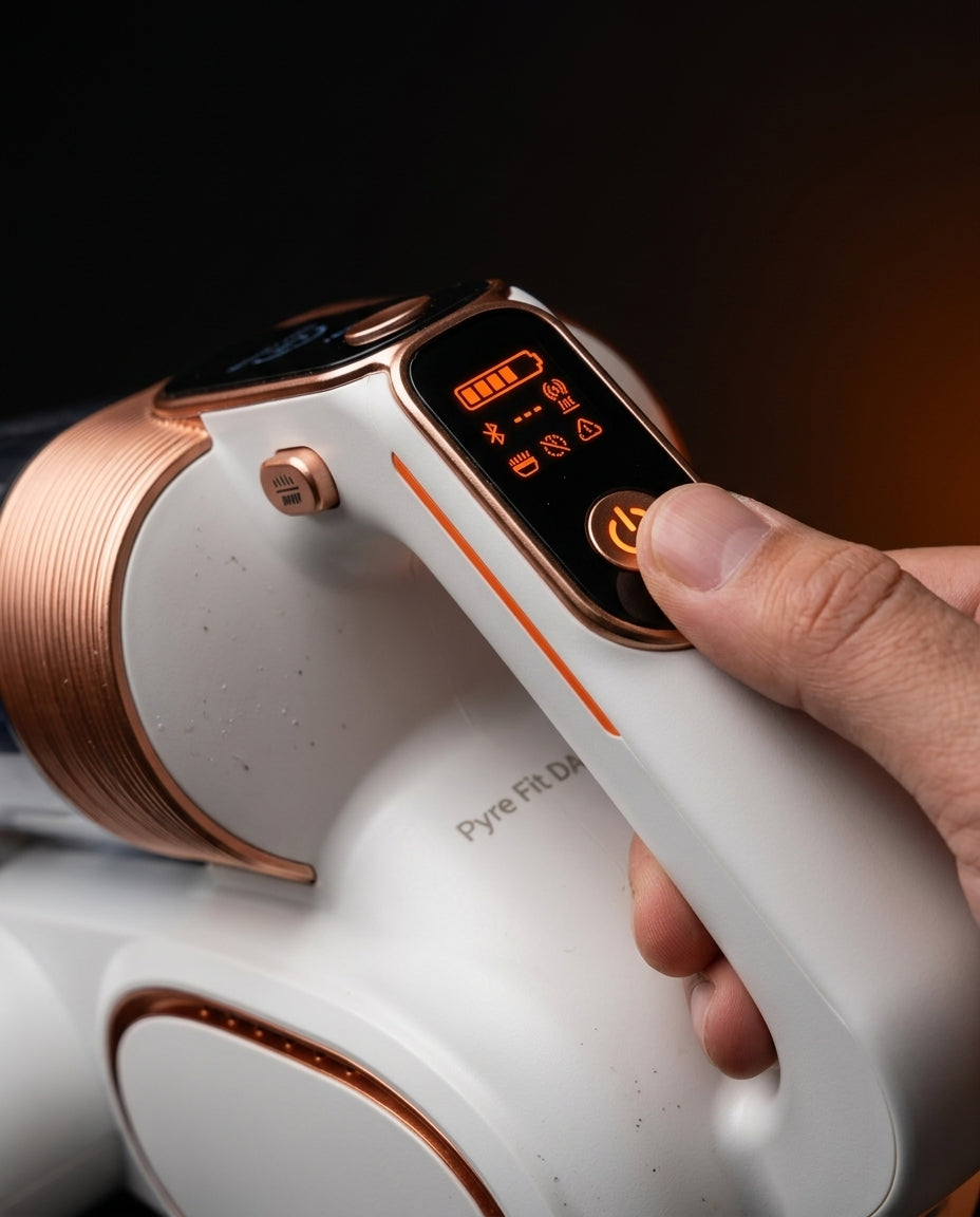 Hand holding the vacuum, finger on power key beside the orange LED status panel