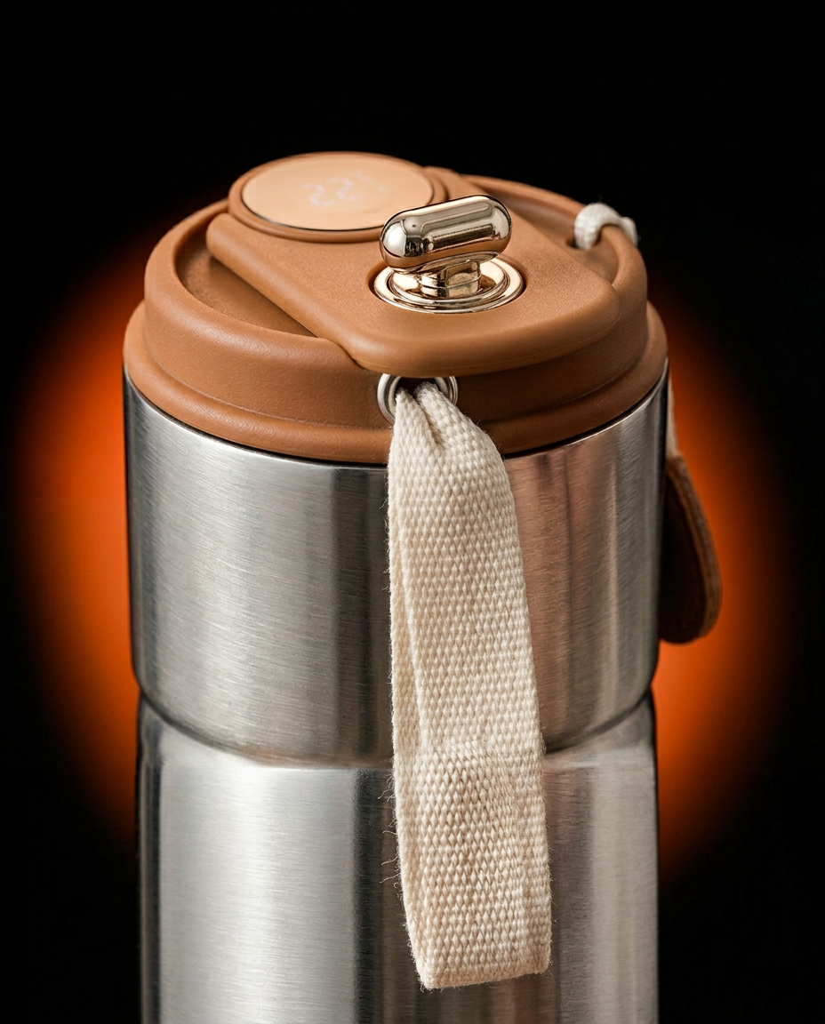 Detail of the coffee-colored flip lid and woven wrist strap on the mug