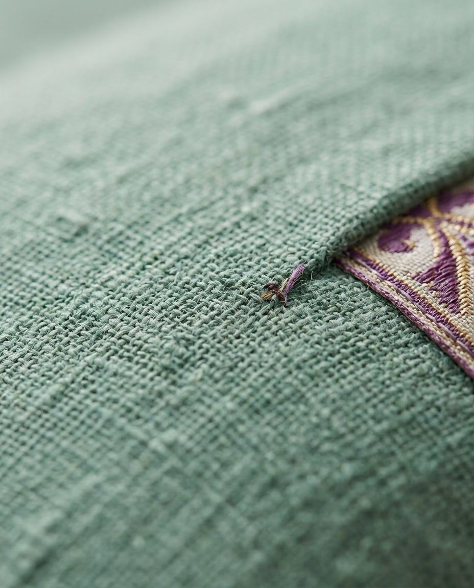 Macro detail of the breathable sage green linen weave beside the embroidered trim
