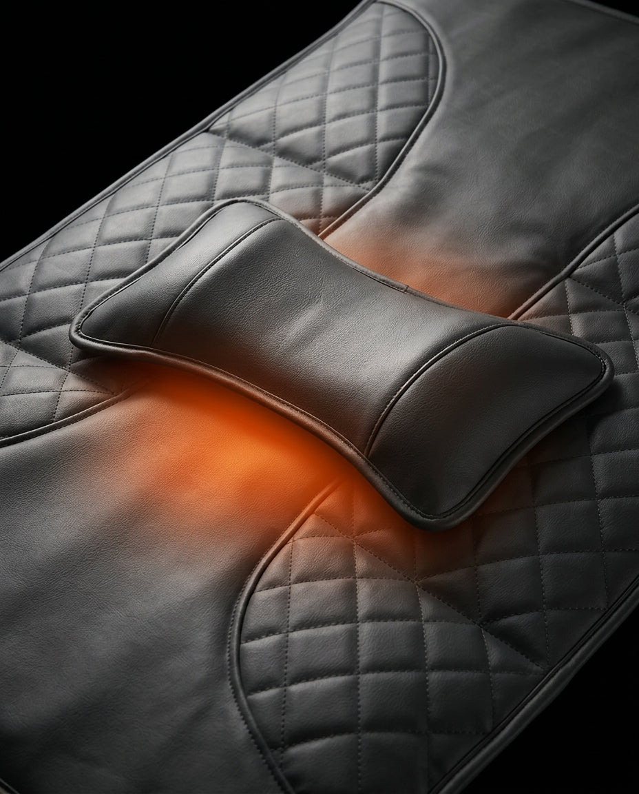 Lumbar support pillow on the mat with glowing orange heat beneath it
