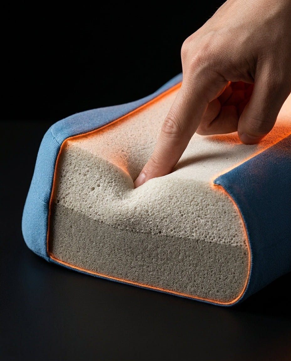 Finger pressing memory foam cutaway showing the pillow's slow-rebound density