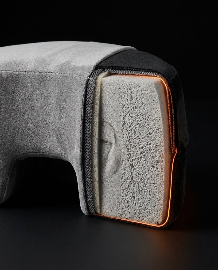 Cutaway view exposing the grey memory foam core of the face-down pillow