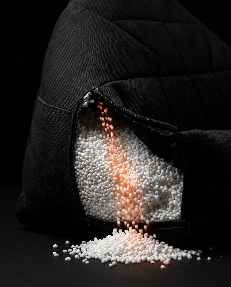 Macro of white microbead filling spilling from the open dark grey pillow