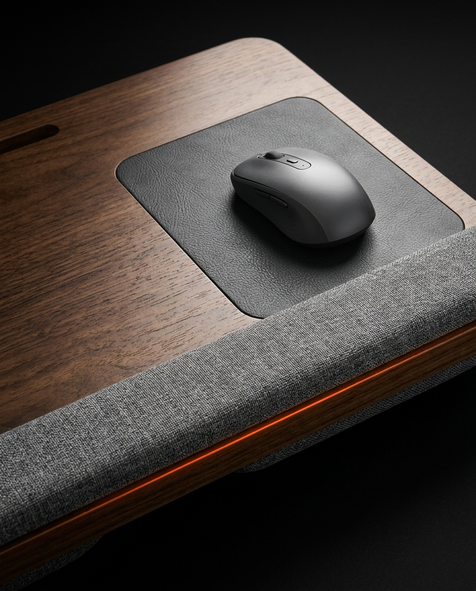 Wireless mouse on the lap desk's integrated mouse pad and wrist rest