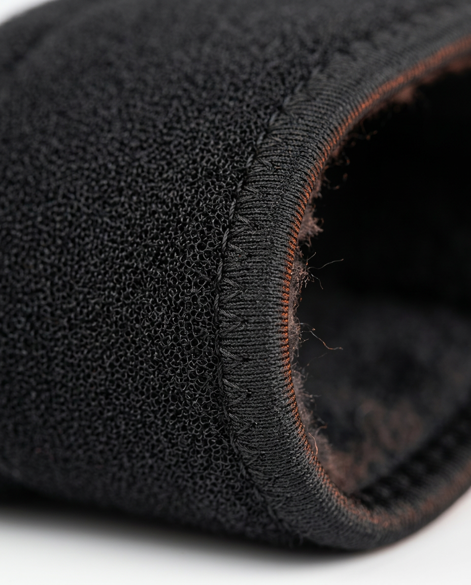 Macro of the stitched neoprene binding edge on the heel cushion