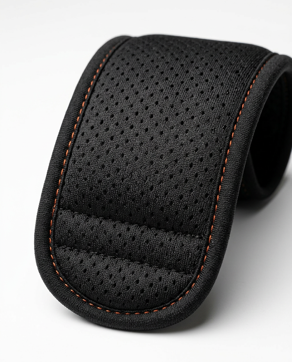Macro of the wrap's perforated breathable neoprene with orange stitching