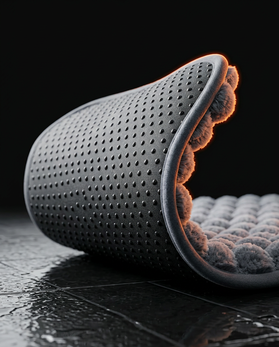 Bath mat curled to show the dotted non-slip rubber backing underneath