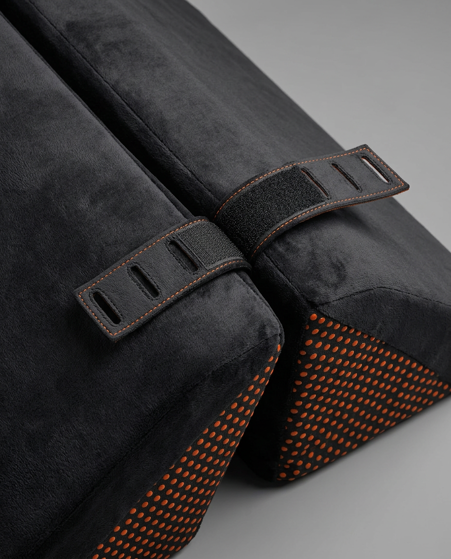 Macro of adjustable buckle straps and orange non-slip dotted base of the support wedge
