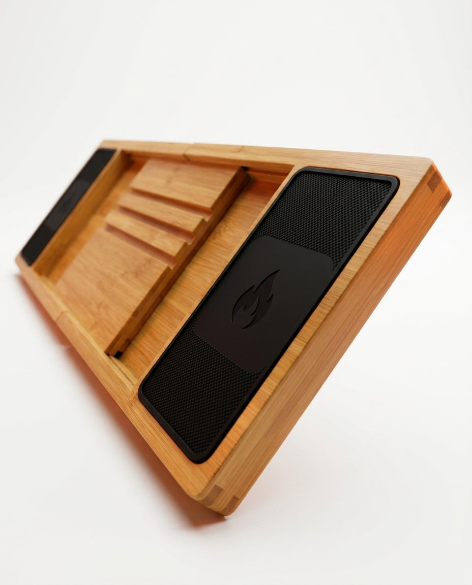 Underside of the bamboo caddy showing black non-slip silicone grip pads