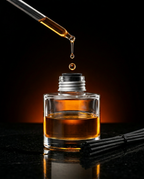 Macro of fragrance oil dripping from a pipette into the open diffuser bottle