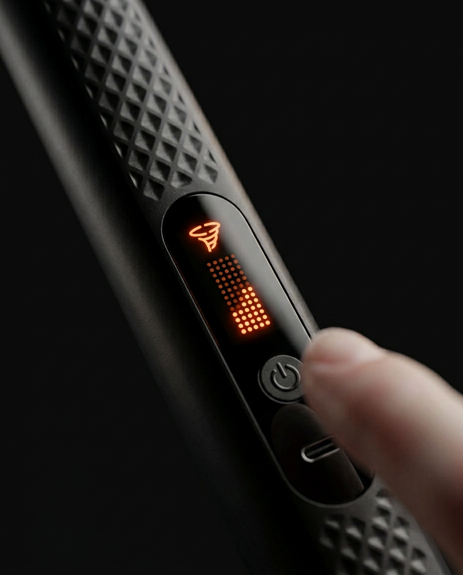 Close-up of the glowing OLED control display on the massage gun handle