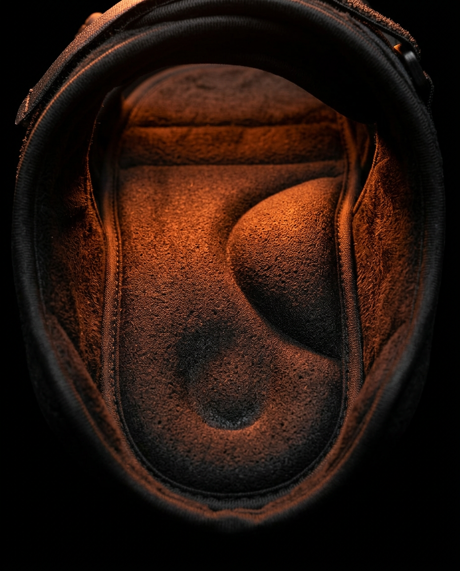 Macro of the soft padded interior sole lining of the foot brace