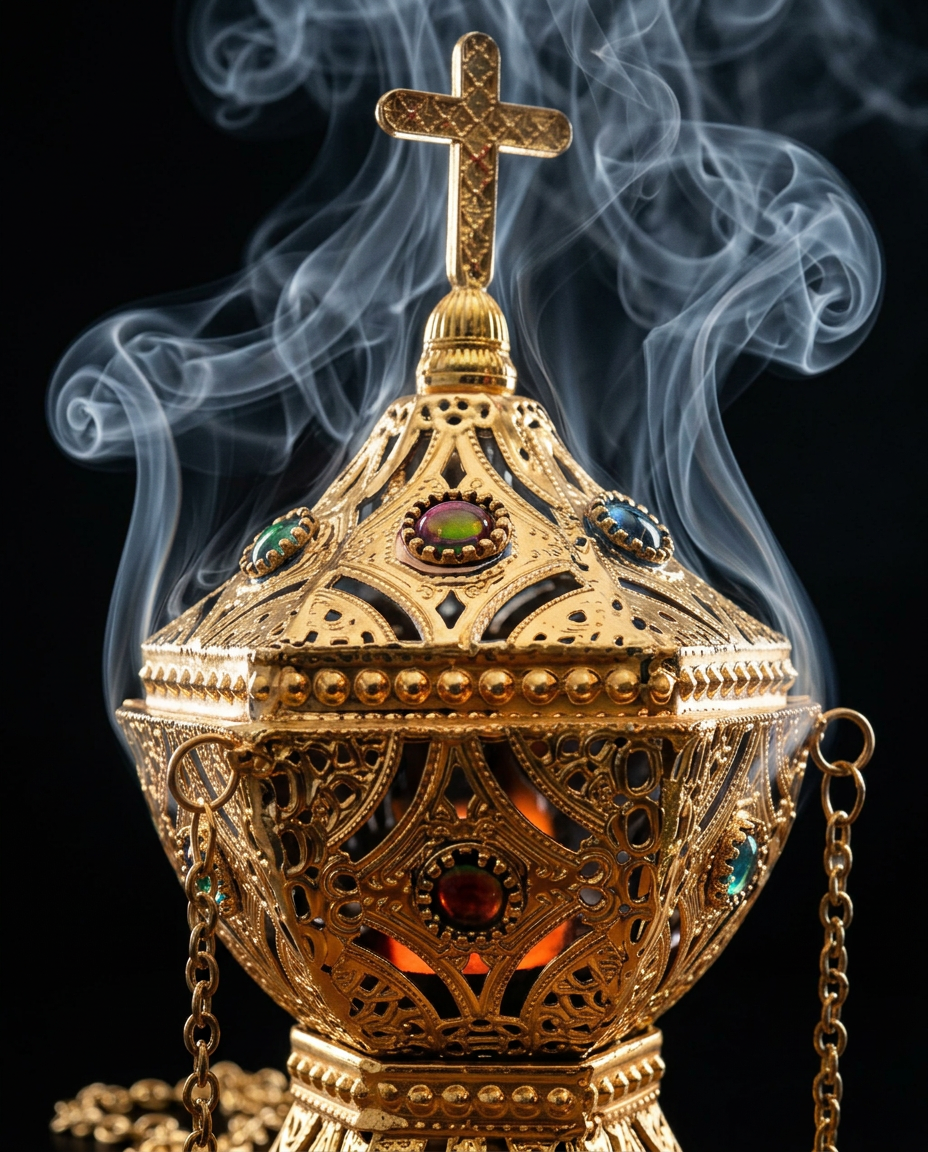 Pierced dome of the incense burner releasing pale curling smoke