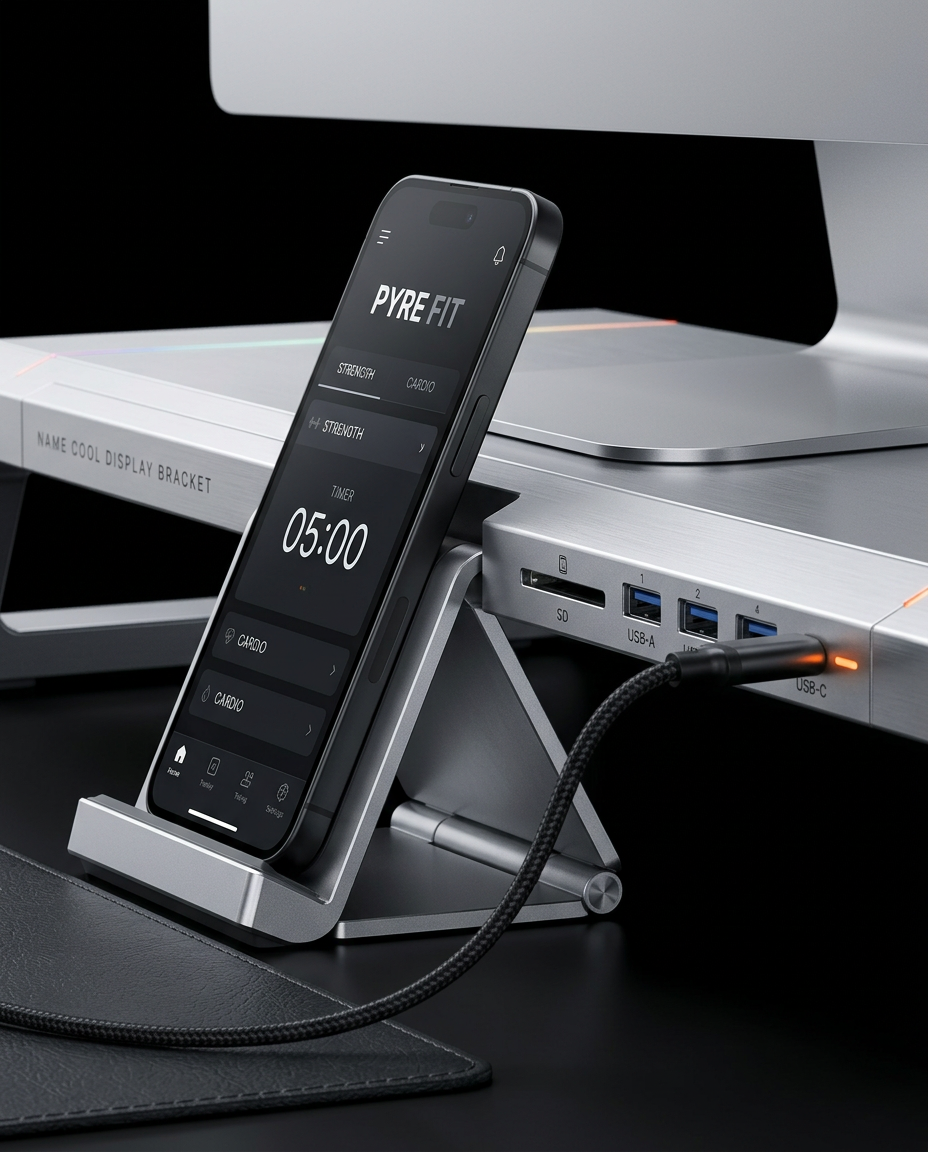 Phone docked in the monitor stand holder beside the built-in USB hub ports