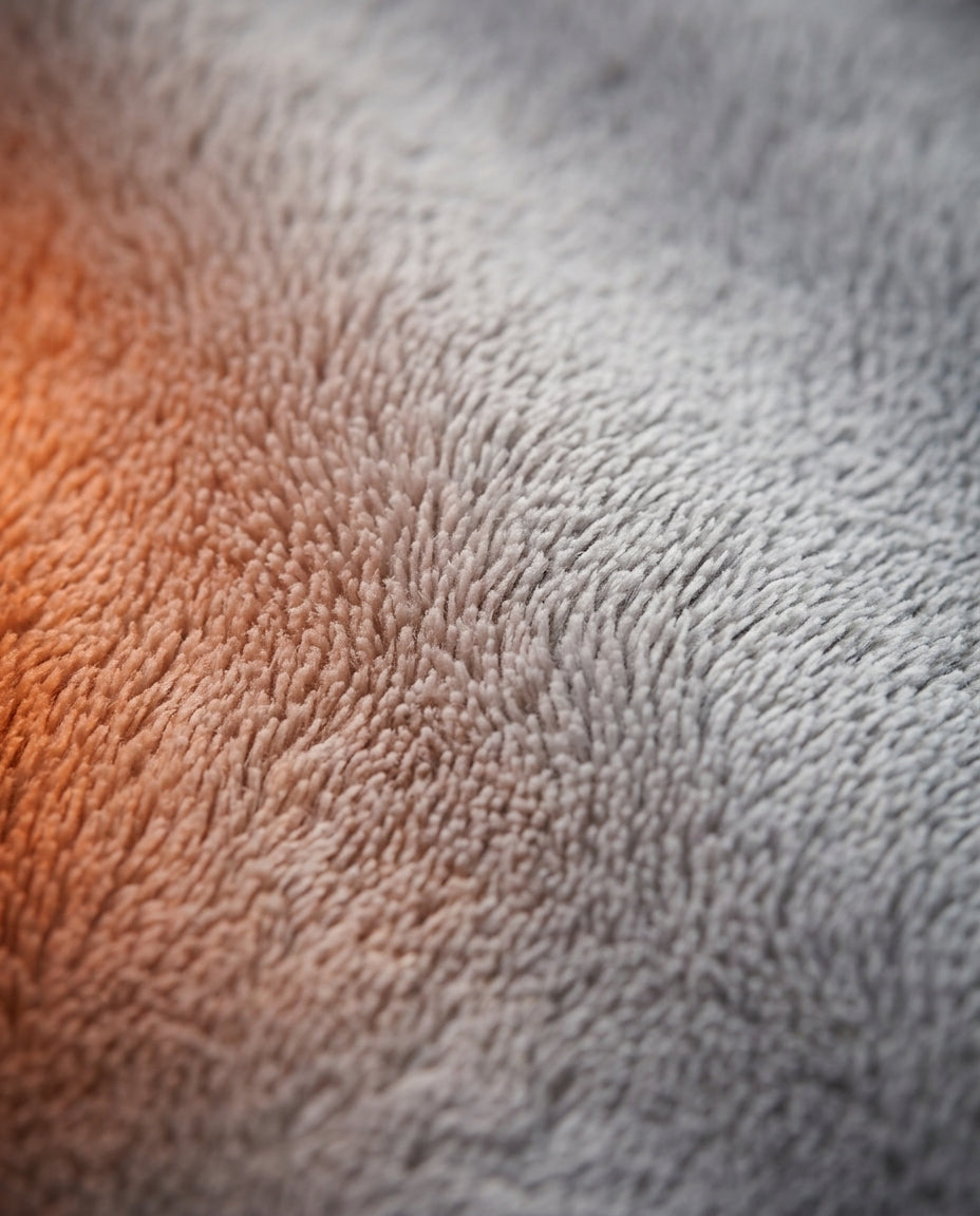 Macro of the plush grey exterior fleece fading into a warm orange glow