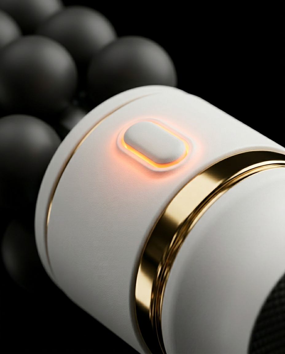Macro of the glowing orange power button on the massage stick body