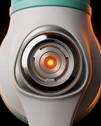 Macro of the cleansing brush metallic power button glowing with orange illuminated ring