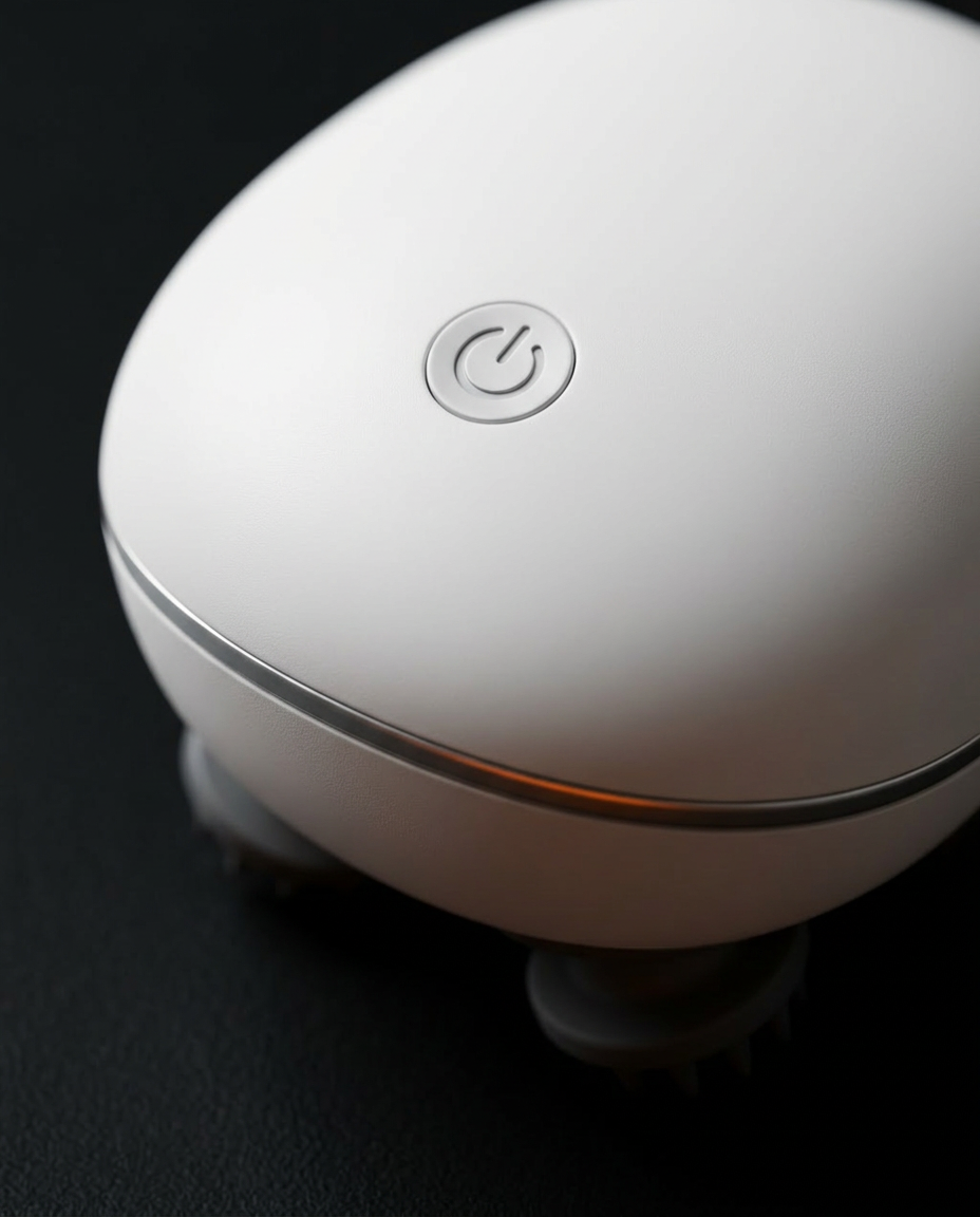 Macro of the power button and seam on top of the white scalp massager