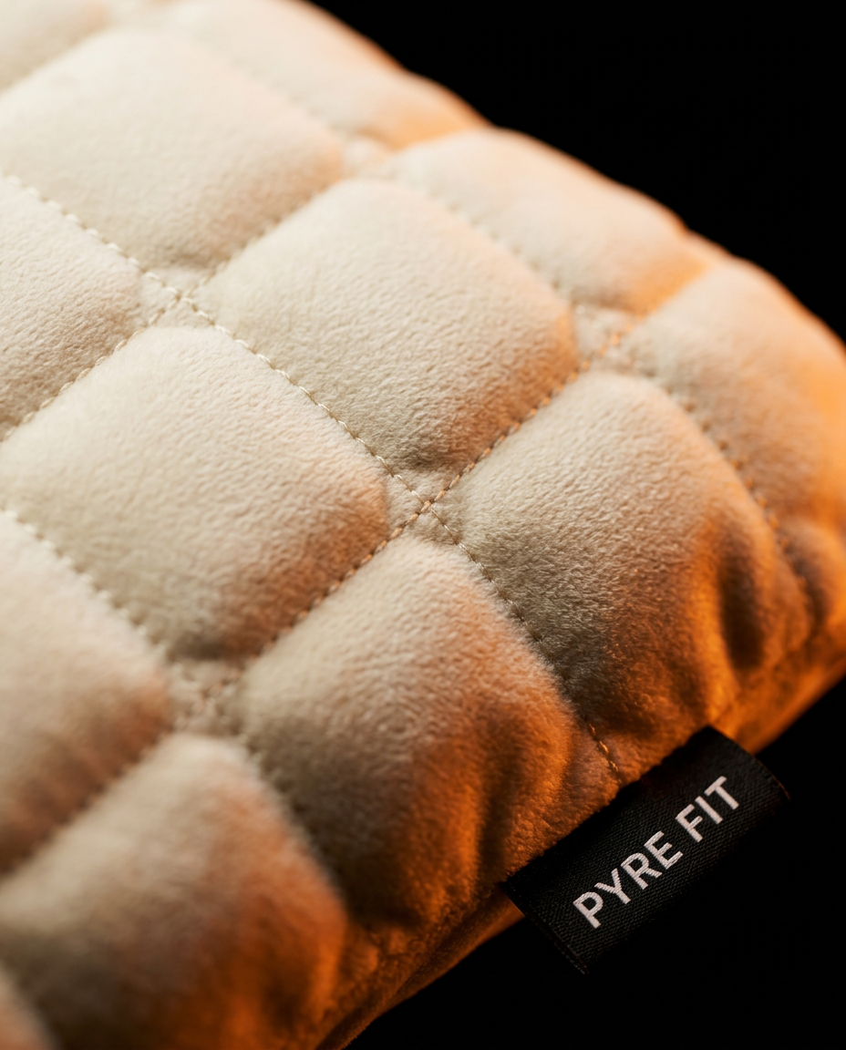 Macro of plush diamond-quilted velvet fabric with Pyre Fit label