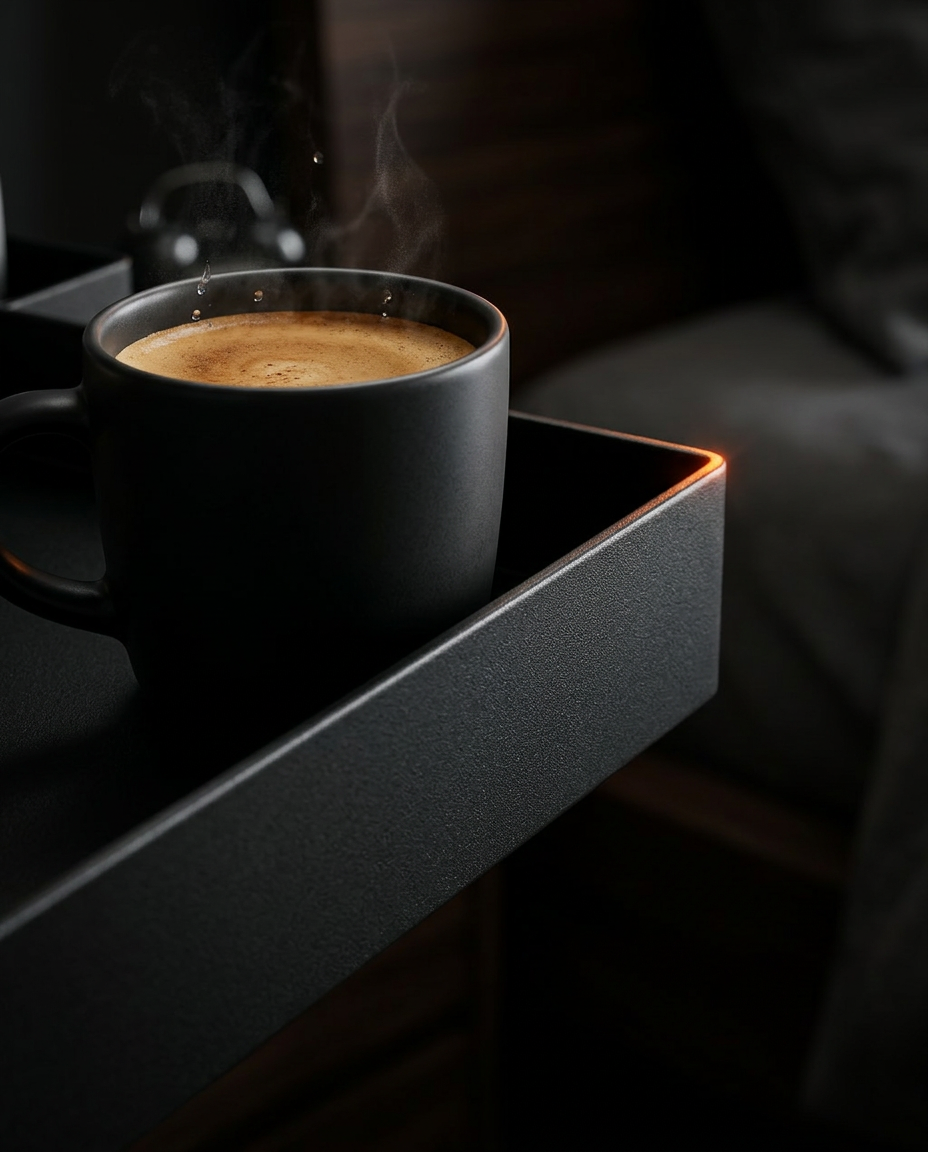 Steaming coffee mug within the raised anti-spill lip of the black bedside tray