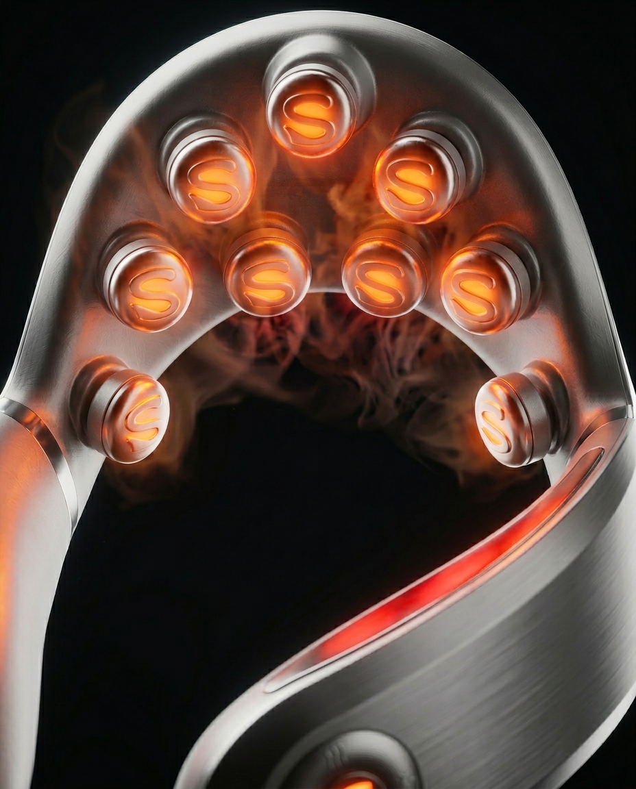 Inner band of the neck massager glowing with red-light heat nodes