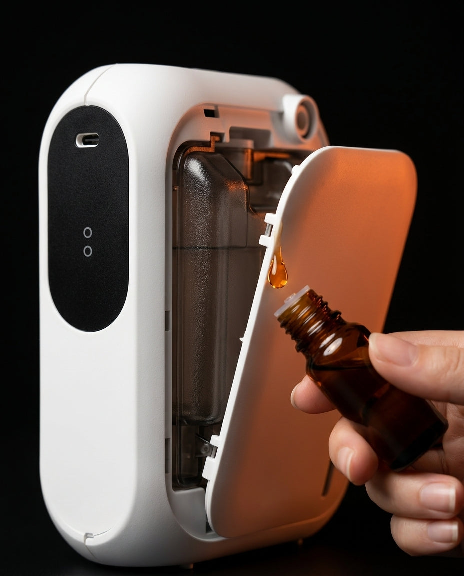 Hand adding essential oil to the diffuser's open refill tank
