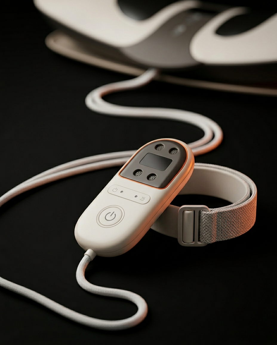 Macro of the corded handheld remote and adjustable strap of the waist massager