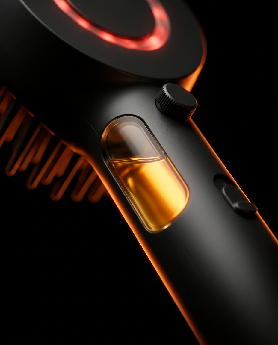 Detail of the amber oil reservoir window in the scalp brush handle