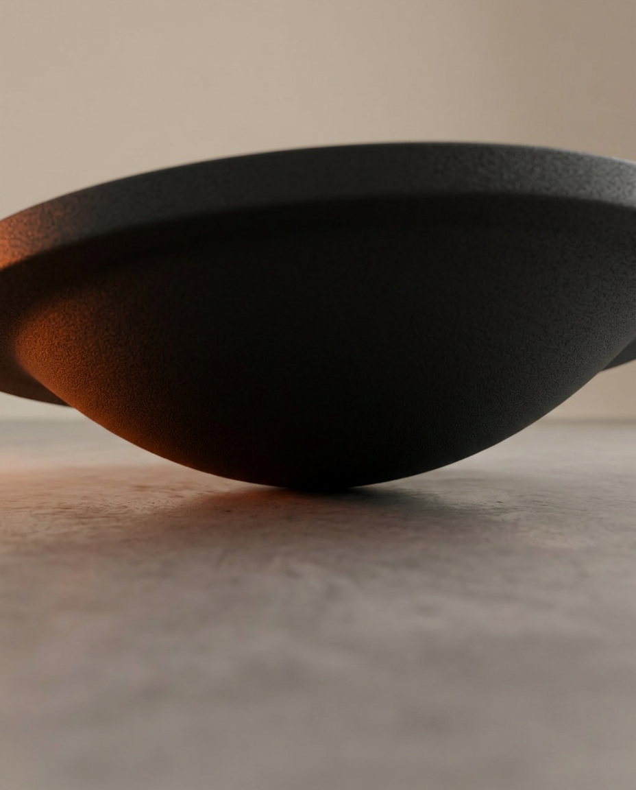 Side view of the balance board's curved rocker base on concrete