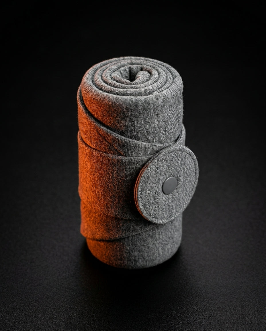 Grey travel neck pillow rolled up compactly and secured with a snap