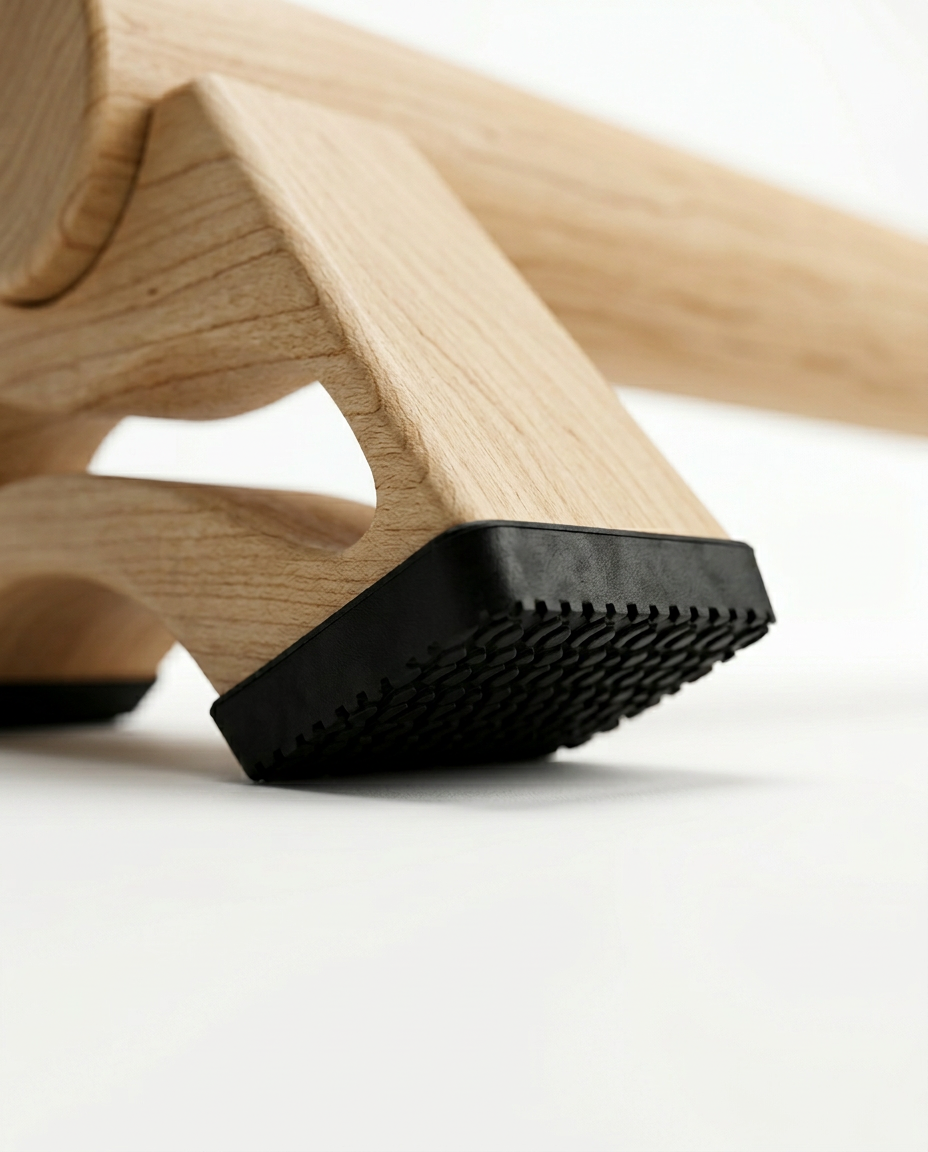 Close-up of the textured black non-slip rubber foot under the wooden trainer