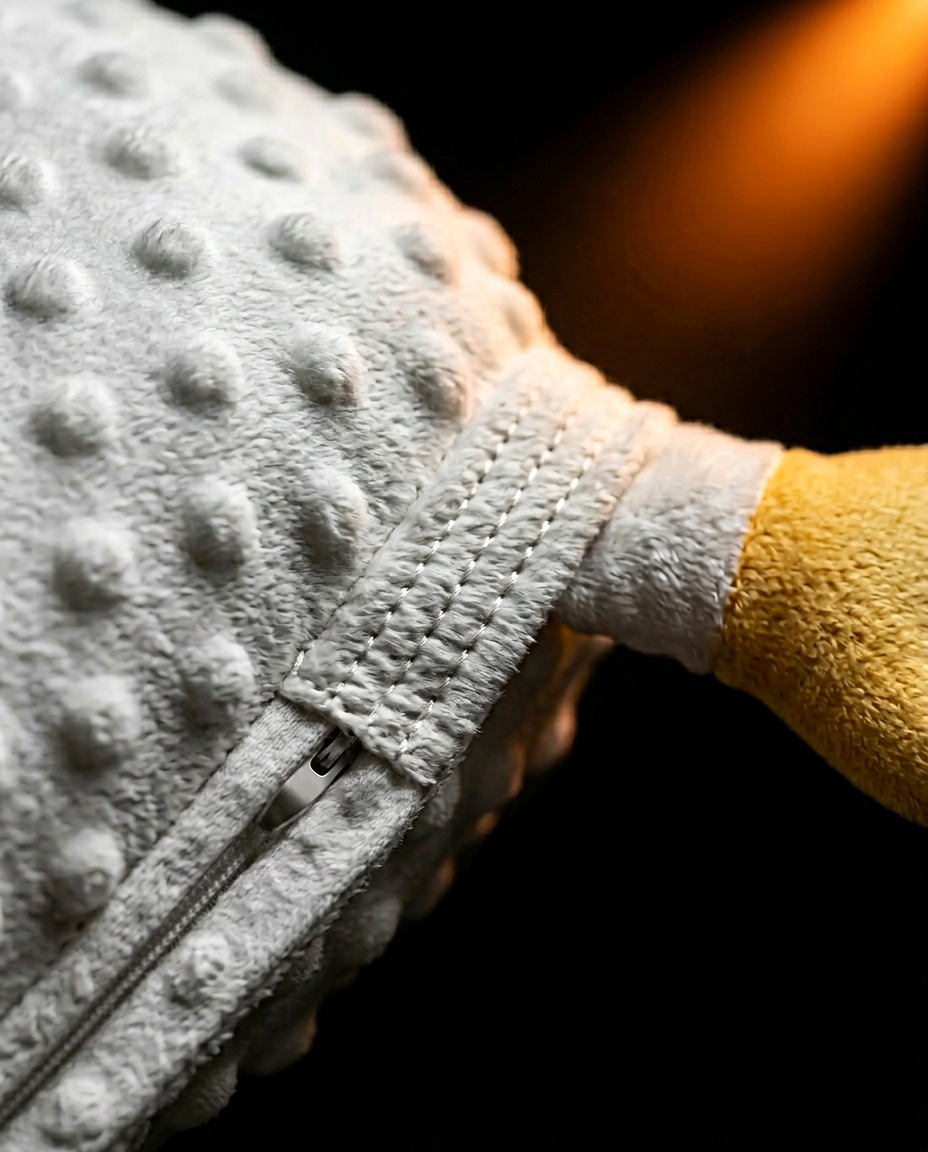 Macro of the reinforced stitching and hidden zipper on the baby pillow