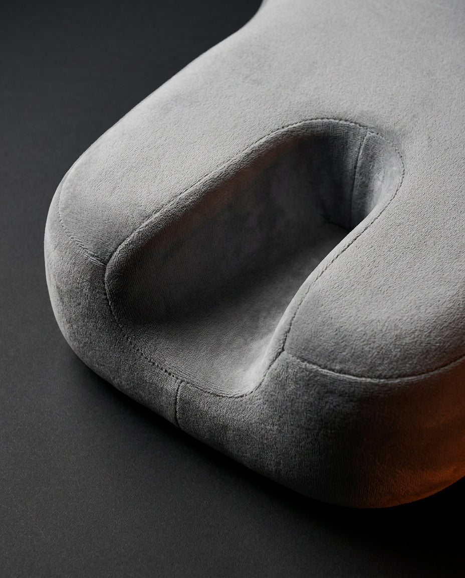 Macro of the grey support pillow's shoulder cutout and curved arm channel detail