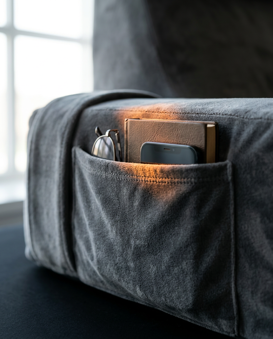 Close-up of the bed rest pillow side pocket holding a phone and notebook