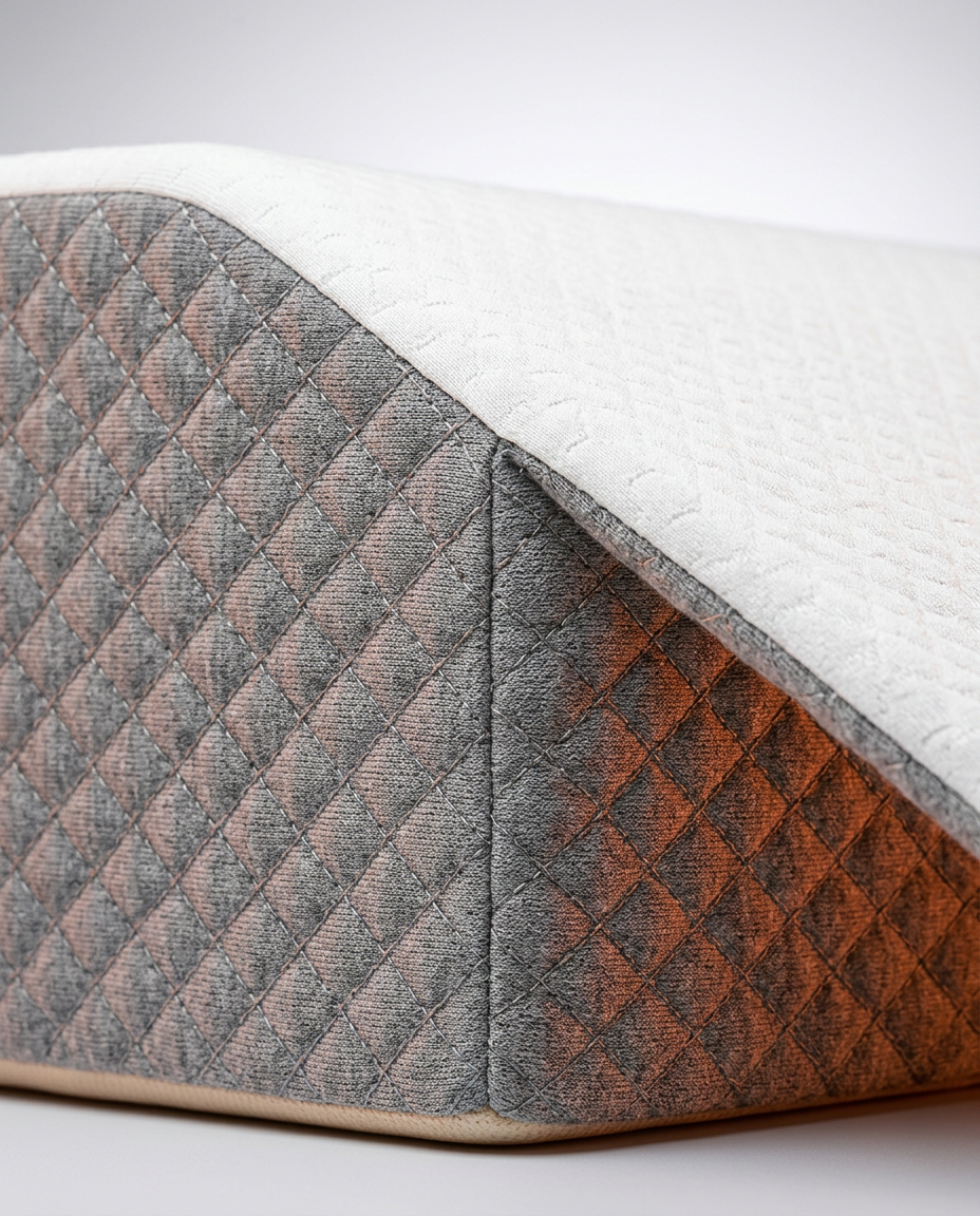 Macro of the diamond-quilted grey side panel on the leg elevation wedge