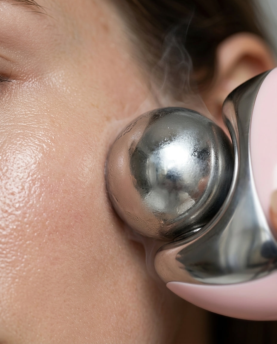 Close-up of the cold steel sphere gliding across skin with frosty vapor rising
