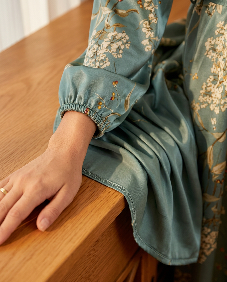 Close-up of the satin robe's elasticated sleeve cuff on a wrist