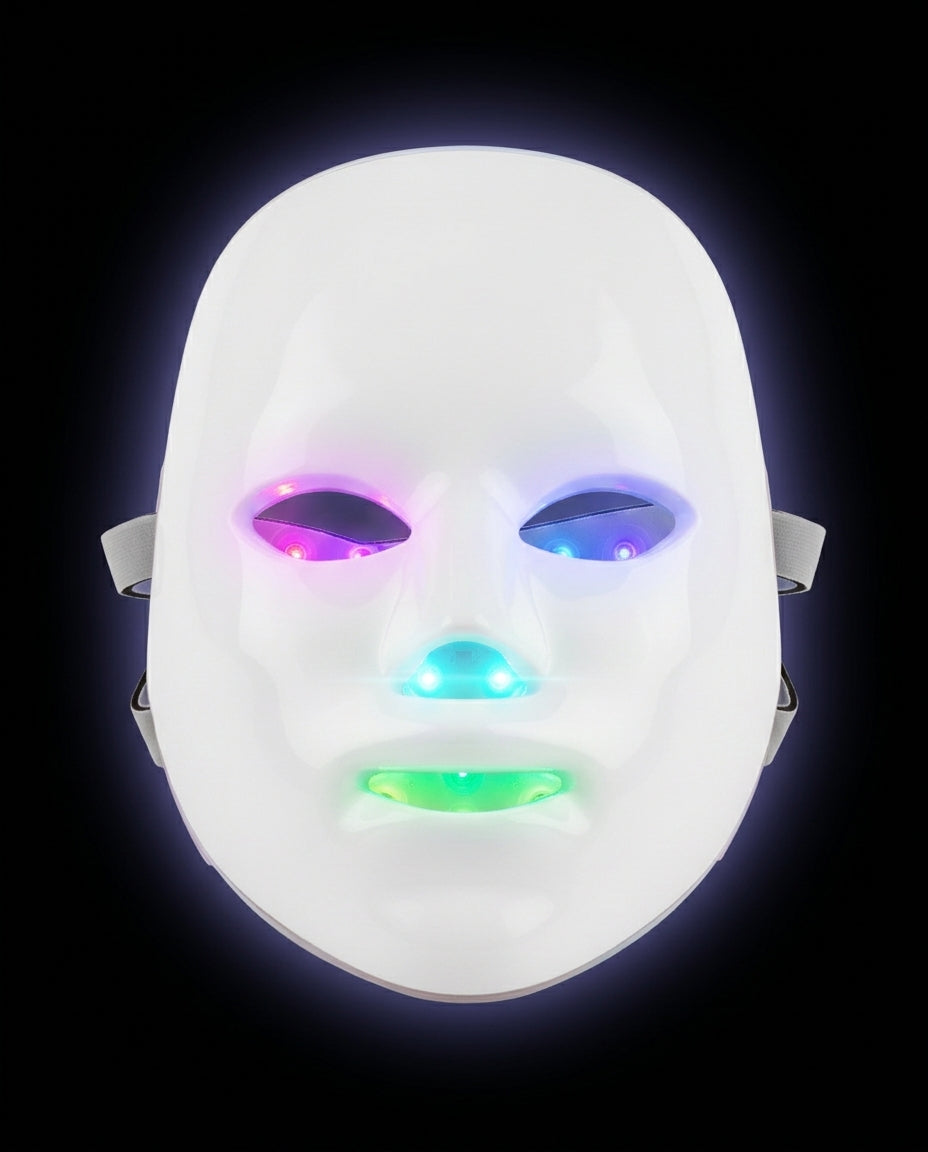Front view of the LED face mask glowing in multiple spectrum colors