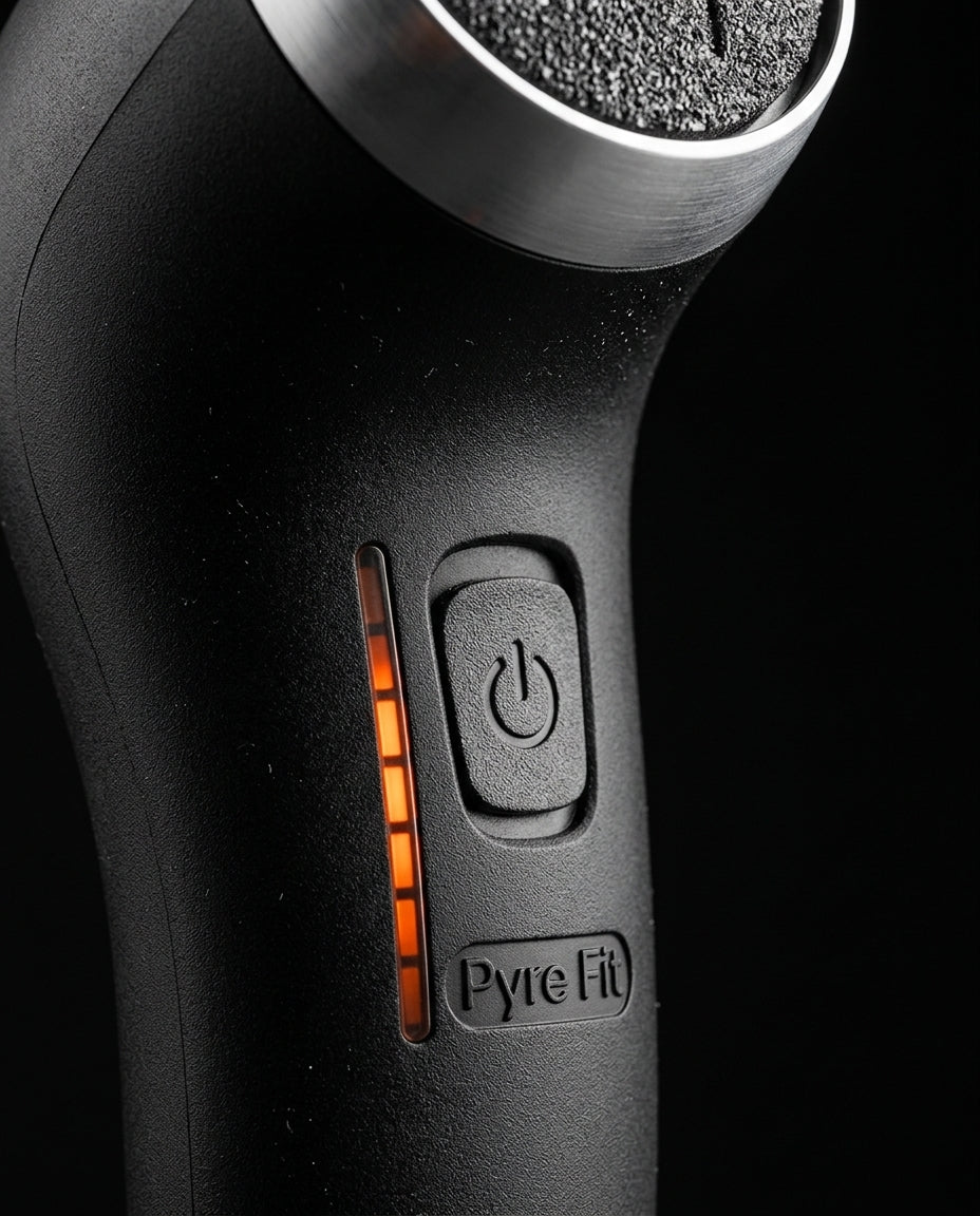 Close-up of the foot file's power button and glowing orange speed indicator
