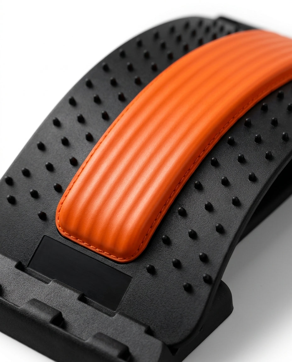 Macro of the padded ribbed orange spine cushion on the arched back stretcher
