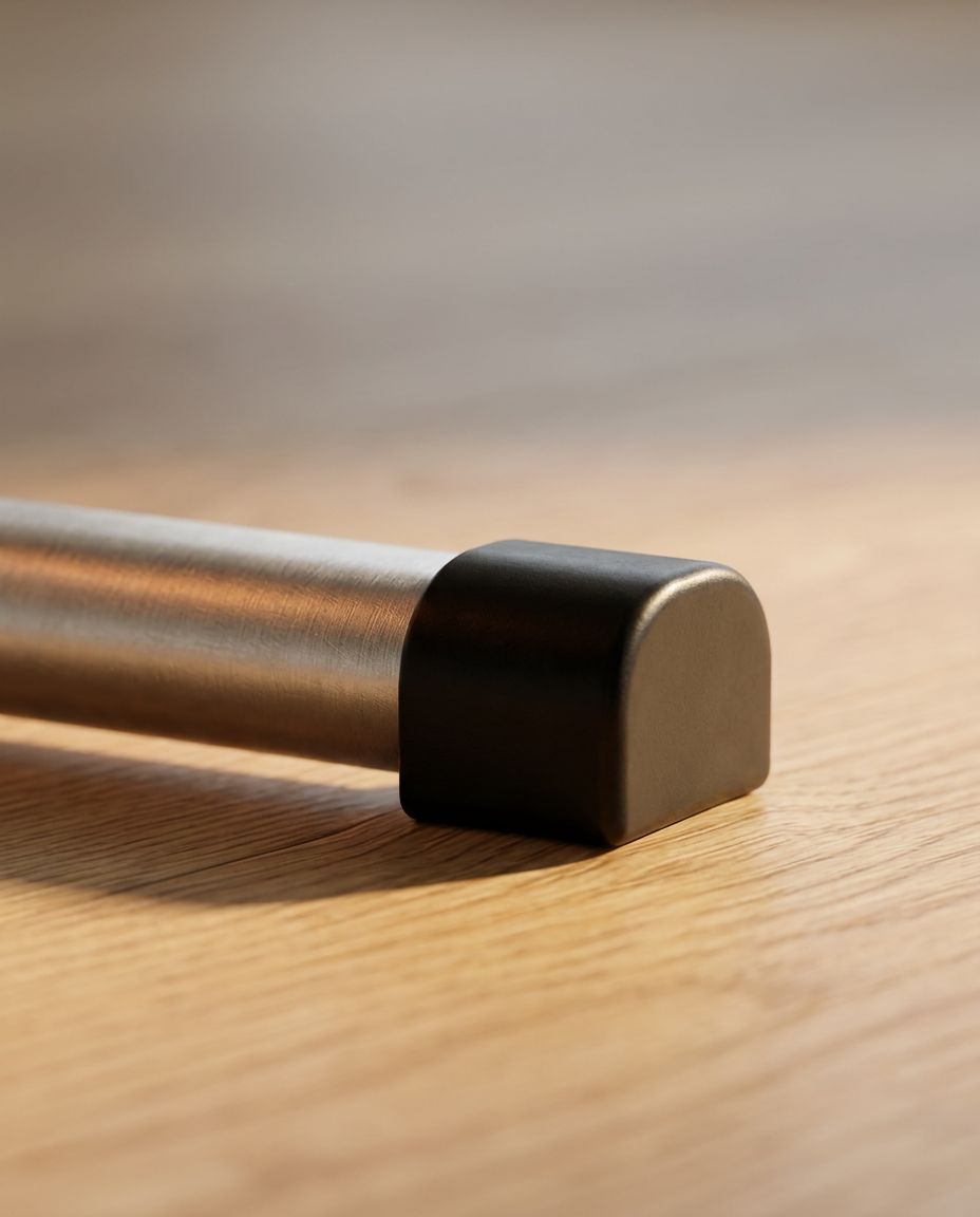 Macro of the rubber stabilizer end cap on the pedal bike's base bar