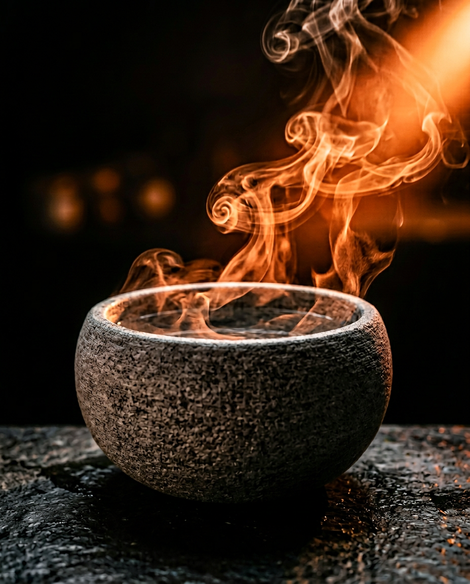 Aromatic steam rising from the heated natural stone aromatherapy bowl