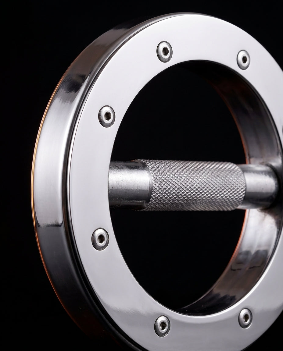 Polished steel ring with hex bolts and a knurled handle bar across the center