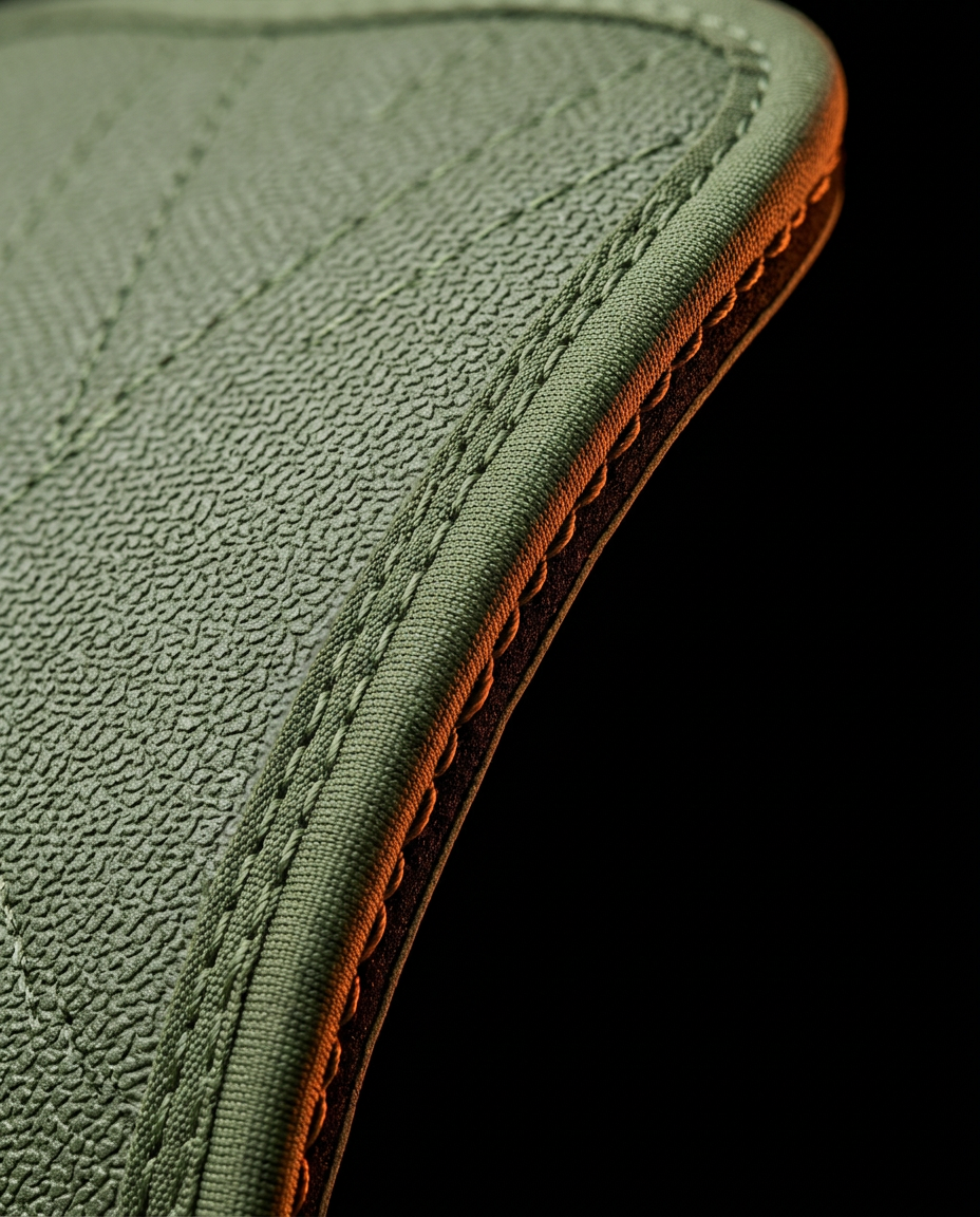 Macro of reinforced edge stitching and orange trim on the green grip pad