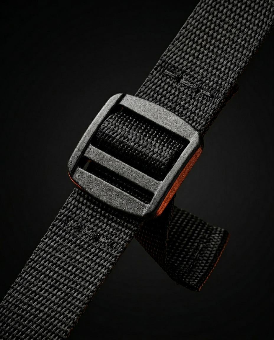 Macro of the ladder-lock strap adjuster on the woven hammock webbing