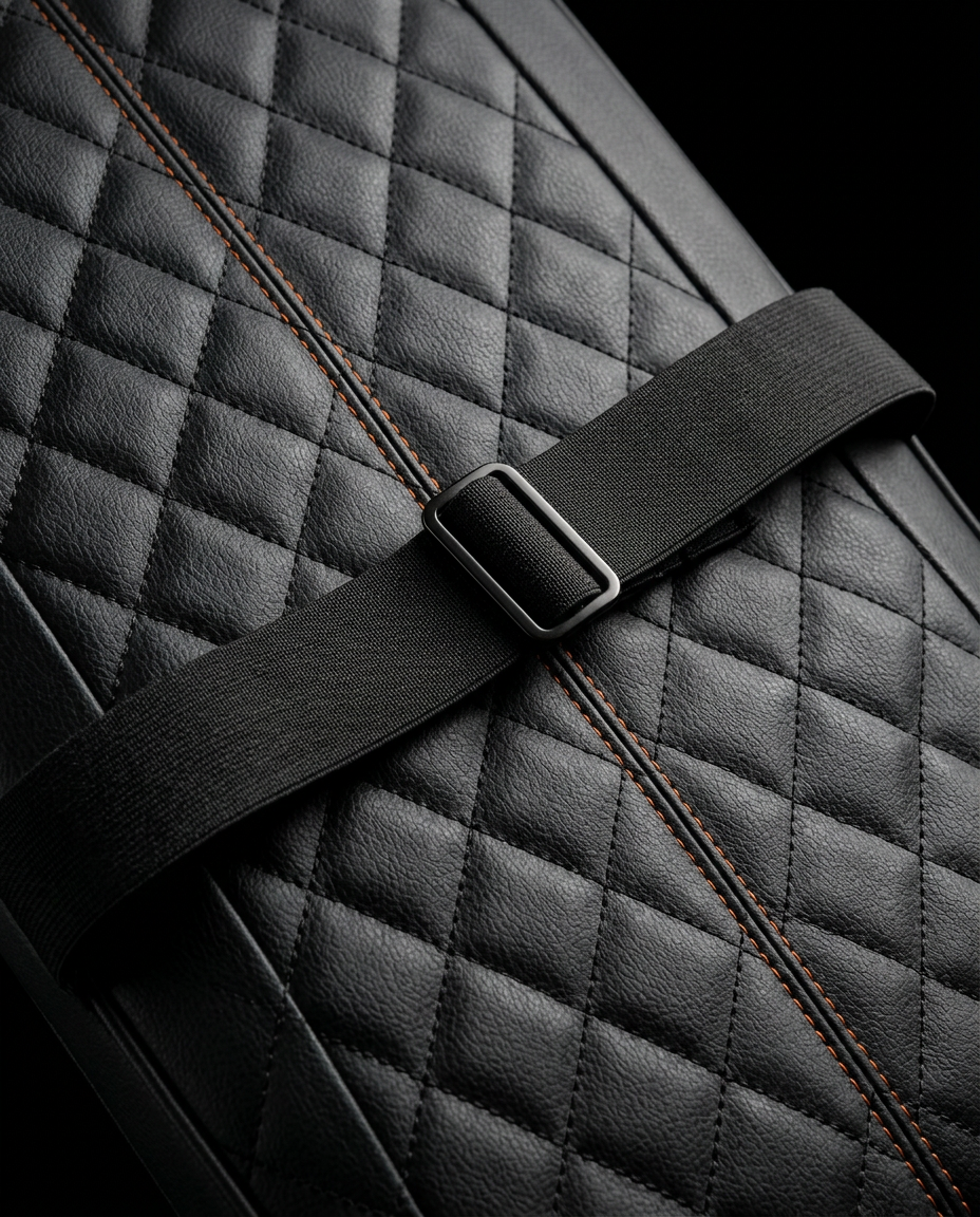 Macro of the adjustable strap buckle and diamond quilting on the massage cushion
