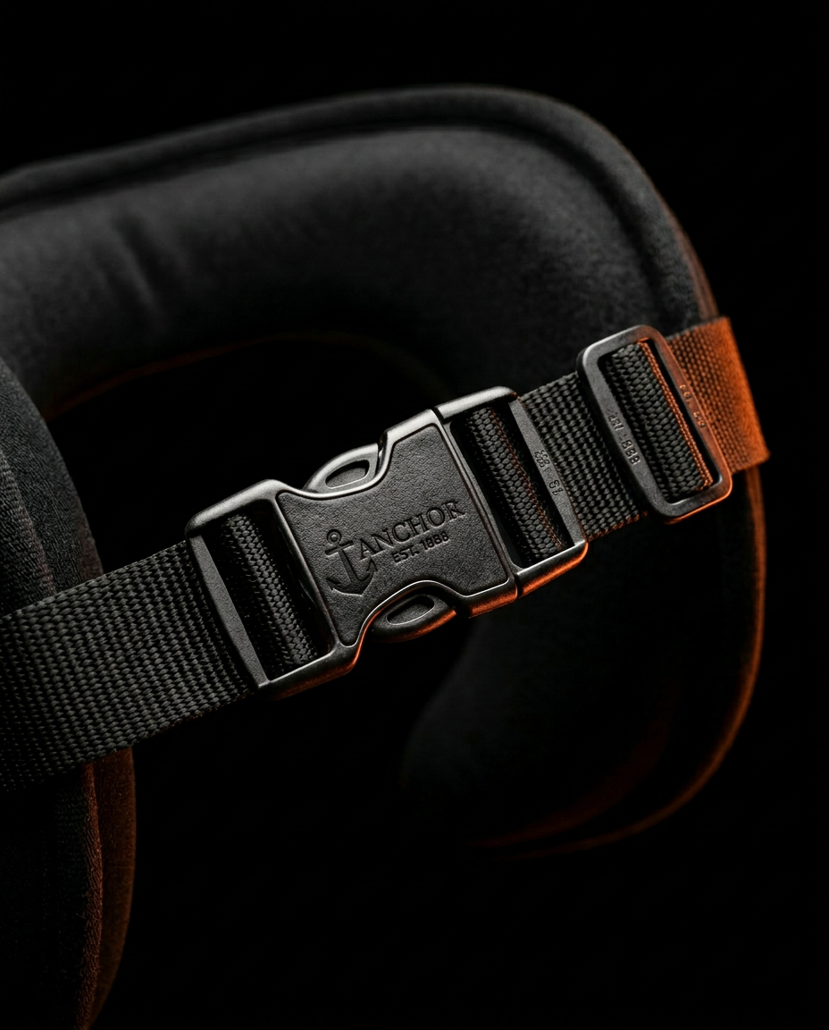 Detail of the quick-release strap buckle on the travel neck pillow